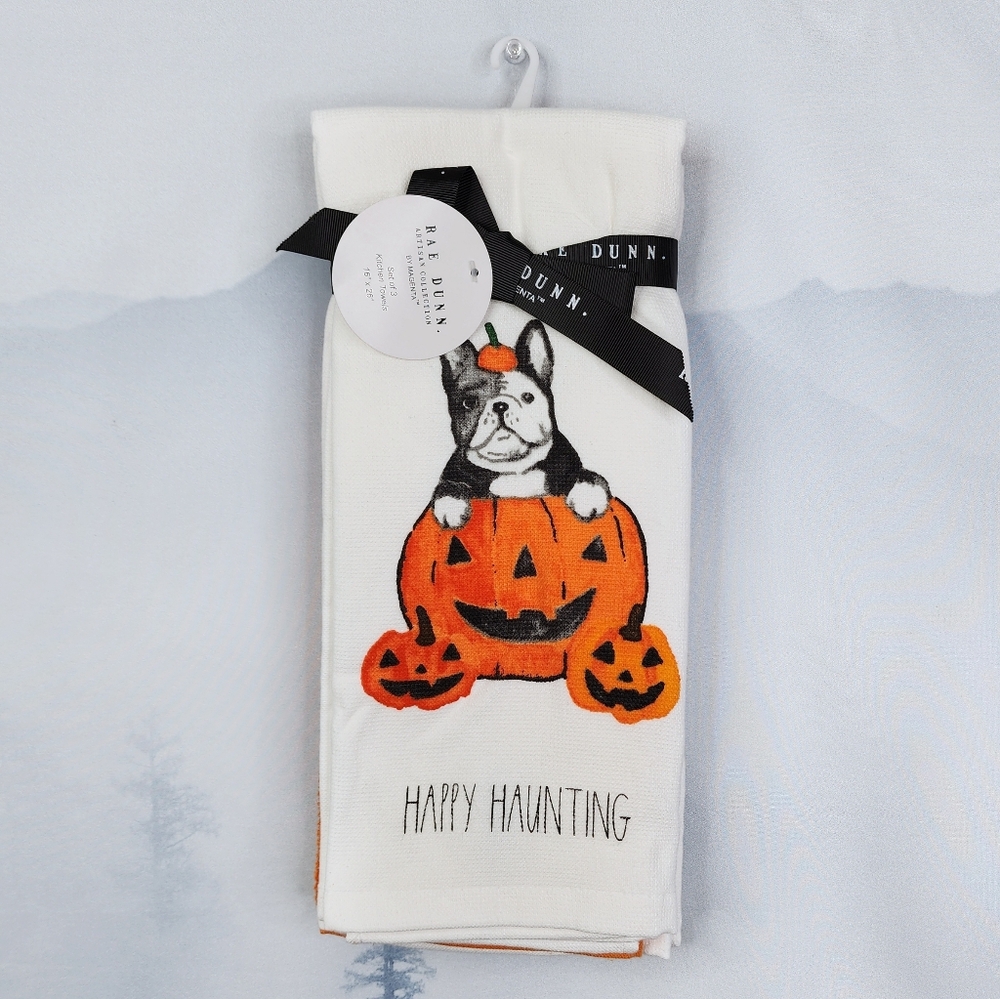 Frenchie Happy Haunting Kitchen Towel Set Of 3 - Rae Dunn By Magenta NWT